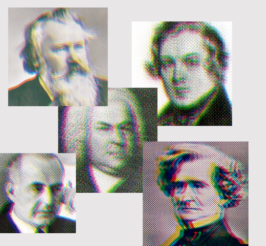 Johannes Brahms, Johann Sebastian Bach, Robert Schumann, Hector Berlioz und Samuel Barber © Gestaltanstalt